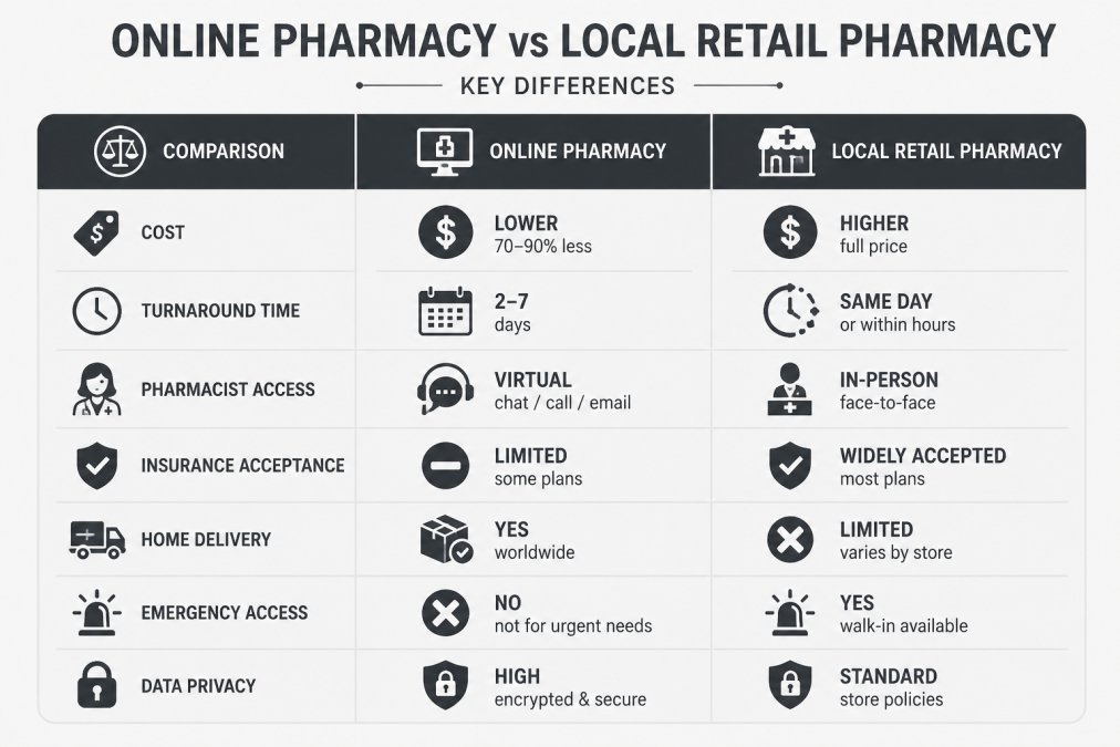Comparison matrix showing online pharmacy vs local retail pharmacy across cost, turnaround time, pharmacist access, insurance acceptance, home delivery, emergency access, and data privacy
