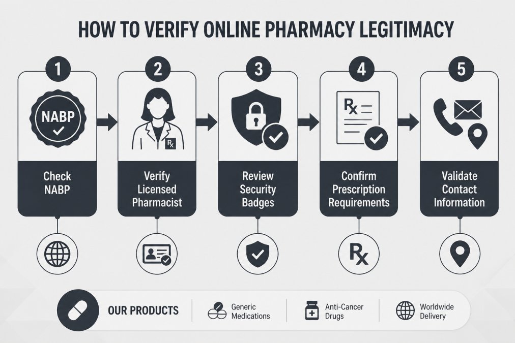 5-step verification flowchart for online pharmacies: Check NABP certification → Verify licensed pharmacist → Review security badges → Confirm prescription requirements → Validate contact information