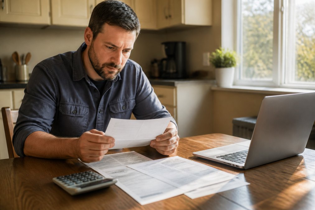 Homeowner reviewing a propane bill and contract on a kitchen table with a laptop and calculator nearby, natural afternoon light streaming through the window
