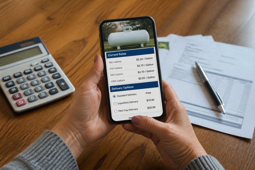 Hands holding a smartphone displaying a propane pricing interface with current rates and delivery options visible on the screen in clear detail