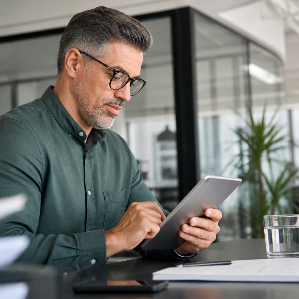 Business manager analyzing customer feedback using online reputation management software on a tablet in a bright office