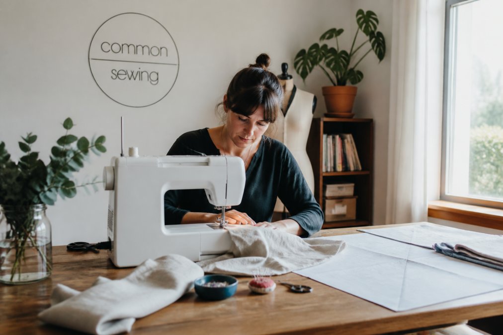 Woman in her 30s using a laptop for online sewing courses at home