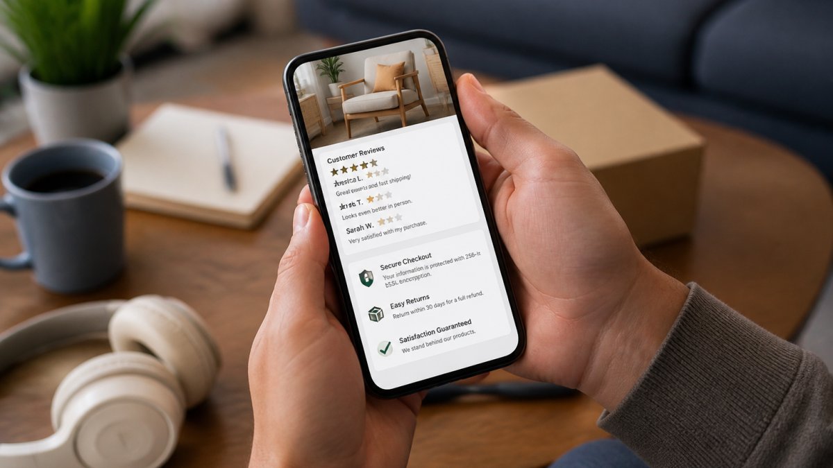 Close-up of hands holding a smartphone displaying a product page with visible customer reviews, security badge, and return policy information clearly visible on screen