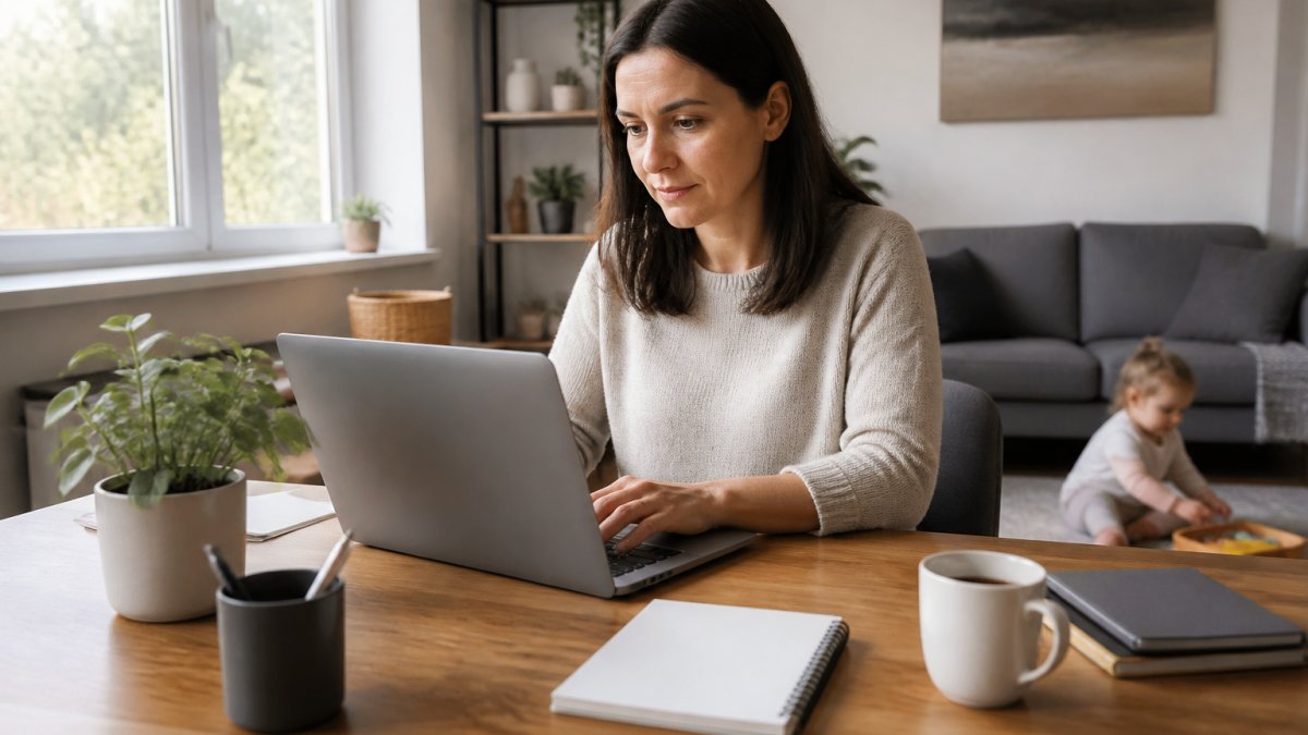 Parent working at home office desk with laptop, child playing safely with toys nearby, natural daylight from window, warm home setting