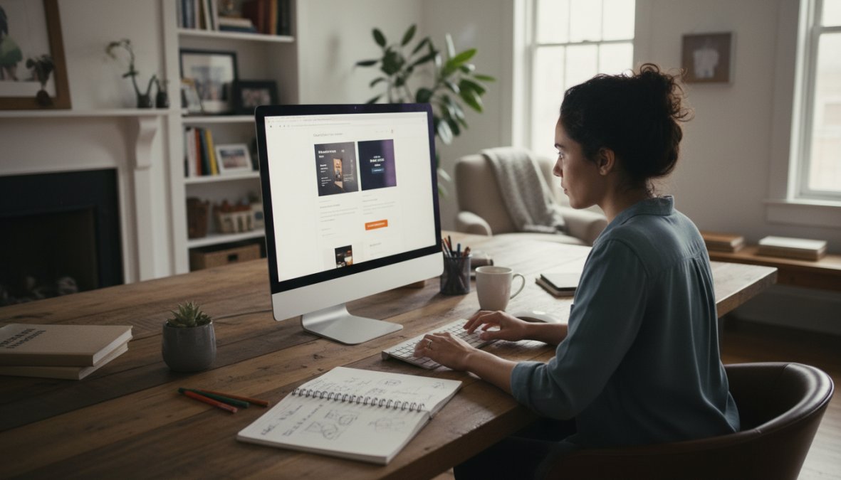 Een webdesigner en ondernemer die samen een website bekijken op een groot beeldscherm in een modern, licht kantoor, beiden wijzend naar het scherm met betrokken en gefocuste uitdrukking