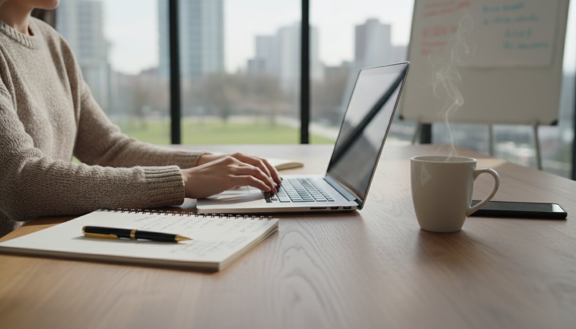 Een marketingprofessional die website-analysedata bestudeert op een laptop, met een notitieboekje en koffie op het bureau in een professionele werkomgeving