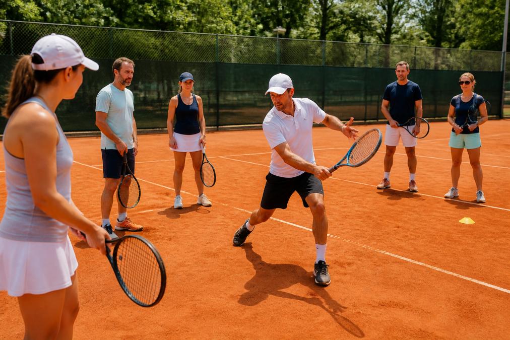 Group of adult players on a clay court during a training session, with an instructor demonstrating footwork positioning while others watch and practice, natural outdoor lighting