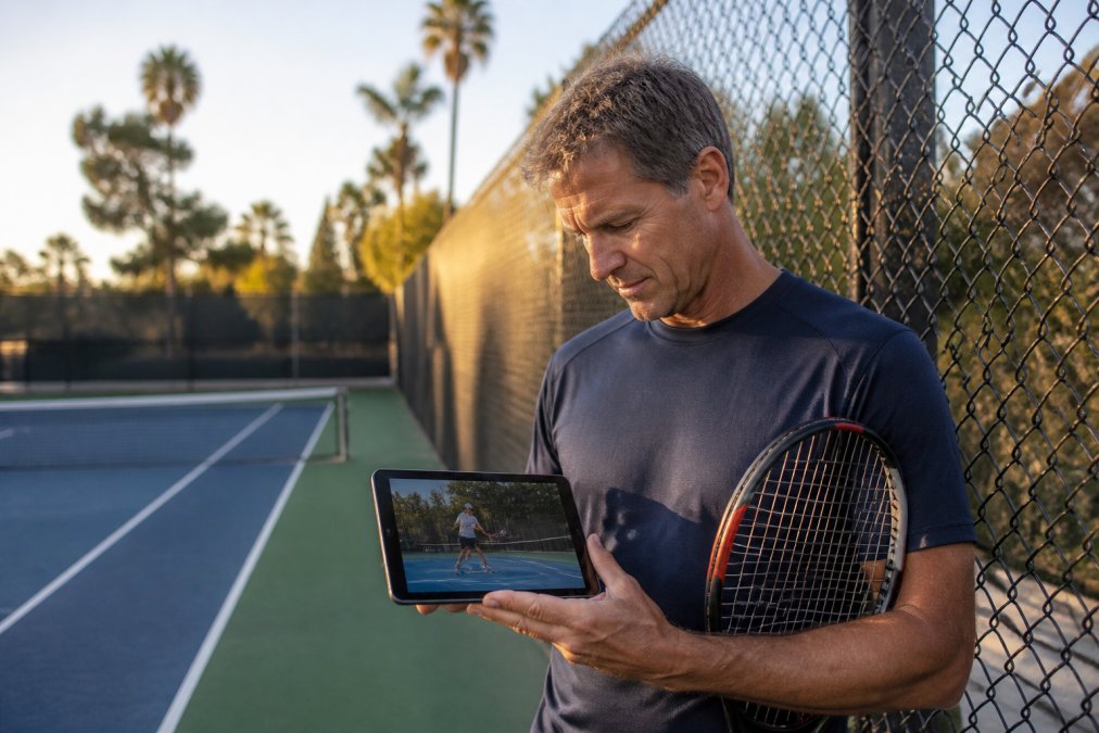 A competitive tennis player in their 40s reviewing a tablet showing a coach's demonstration, standing beside a tennis court fence with a racket in hand, late afternoon sunlight