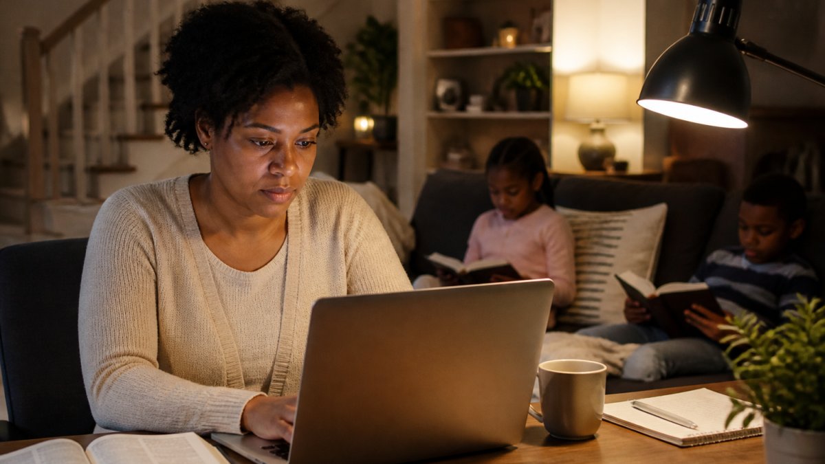 Parent studying theology on laptop at home in evening, with family members reading nearby on a sofa, warm lighting from desk lamp
