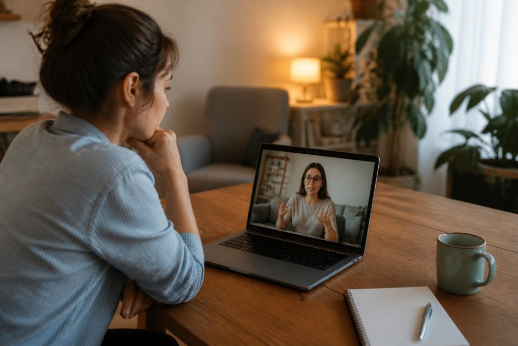 Person sitting at a desk with a laptop, appearing thoughtful while having a video call with a therapist on screen, warm lighting suggesting a supportive environment