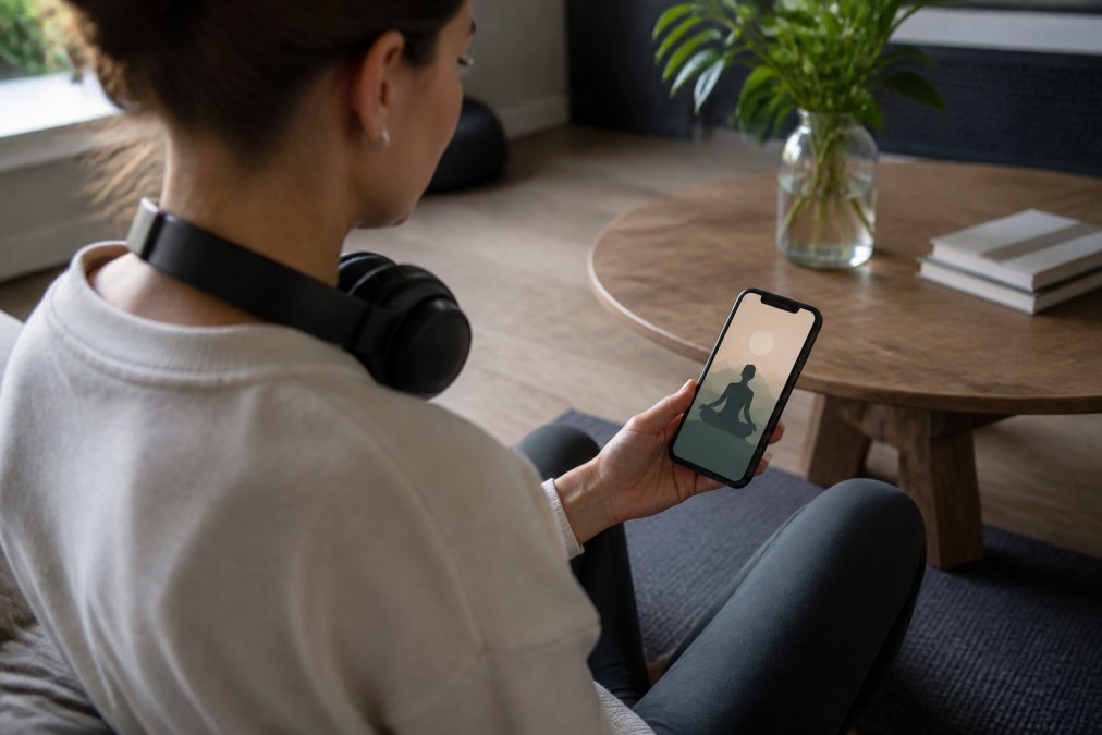 Person holding a smartphone showing a meditation or mental health app, with headphones around their neck, in a calm, peaceful setting