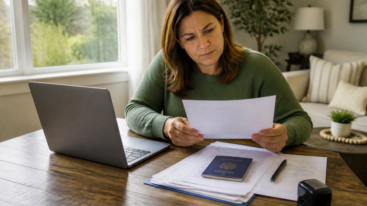 Parent at home reviewing a notarized travel consent letter on their laptop with a child's passport and documents spread across the desk, natural afternoon lighting from a window