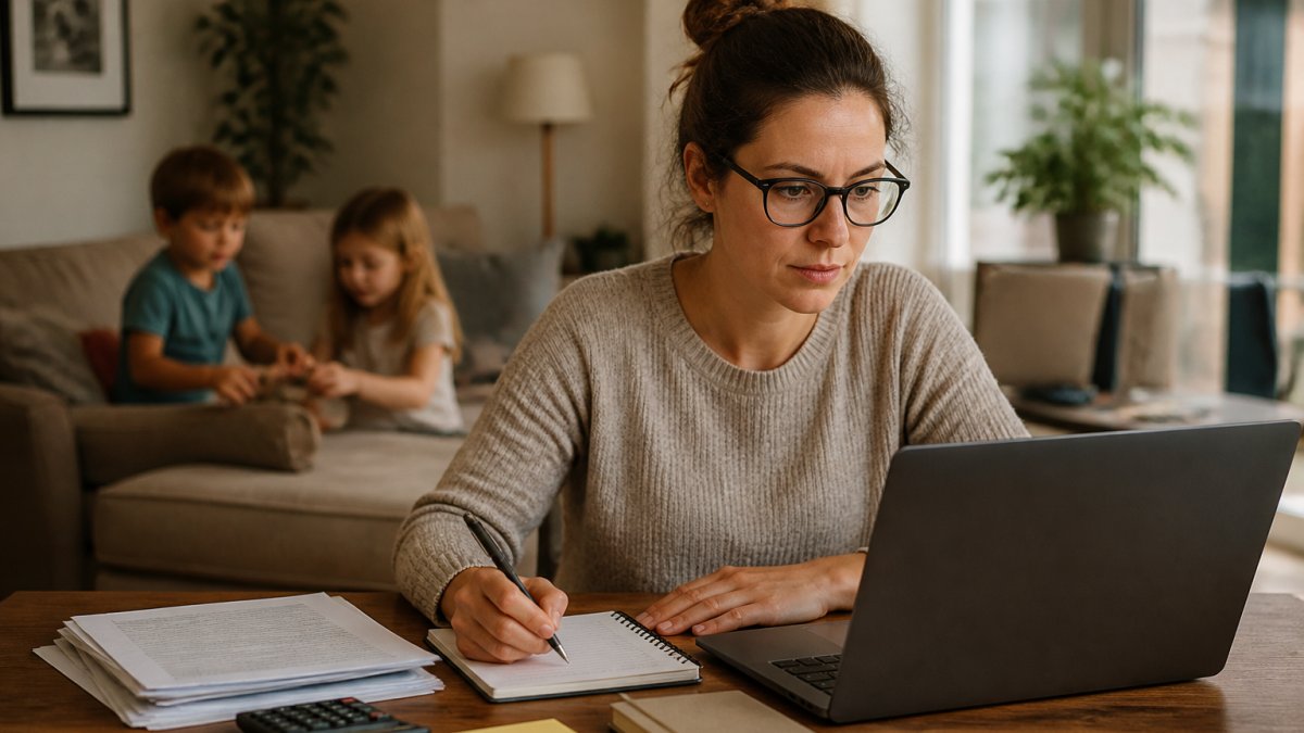Parent studying on a laptop at home in the evening with family nearby