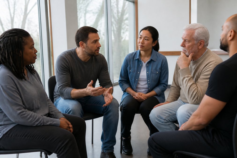 Diverse group of adults in video conference call on multiple screens, engaged in discussion with visible focus and concentration, natural office lighting visible through windows