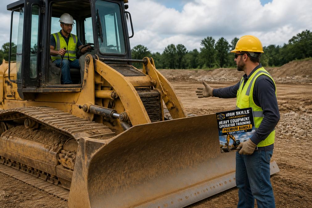 Trainee operator sitting in the cab of a bulldozer during a hands-on lab session, with an instructor standing beside the equipment on a construction site, demonstrating proper blade positioning