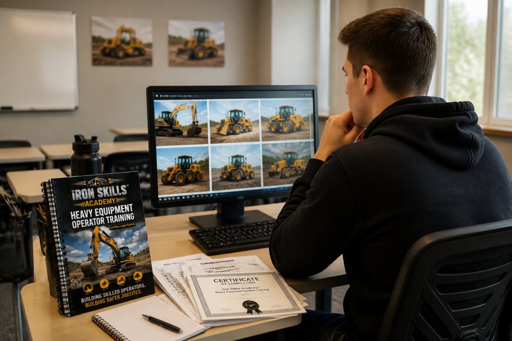 Student working through interactive training modules on a computer or tablet in a classroom setting, with training materials and heavy equipment manuals visible on the desk, natural office lighting
