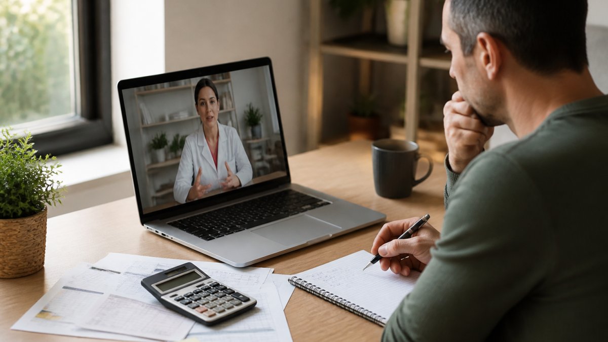 A professional in their forties sitting at a home desk with a laptop open to a video consultation, notepad and coffee beside them, warm natural light from a window