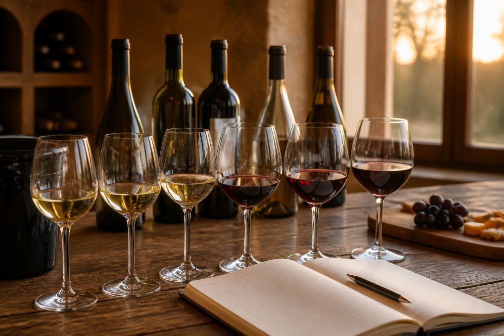Ein gedeckter Tisch mit sechs verschiedenen Gläsern Weißwein und Rotwein, daneben die geöffneten Flaschen und ein Verkostungsnotizbuch, warmes Abendlicht