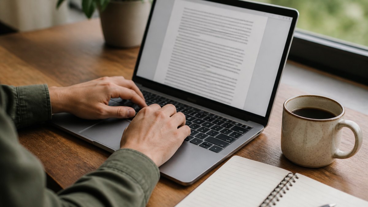Close-up of a writer's hands on a laptop keyboard with a long manuscript open on screen, notebook and coffee cup beside it on a wooden desk