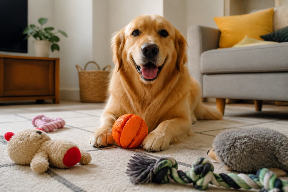 Happy golden retriever playing with a durable orange ball in a sunlit living room with various dog toys nearby.