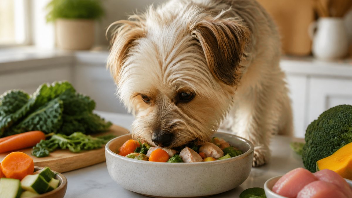 Close-up of a small dog eating fresh, whole food ingredients from a ceramic bowl on a clean kitchen counter with natural morning light