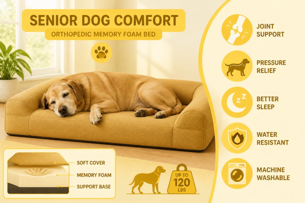 An older senior dog resting comfortably on an orthopedic memory foam bed in a cozy home setting, showing visible relaxation and contentment in natural daylight