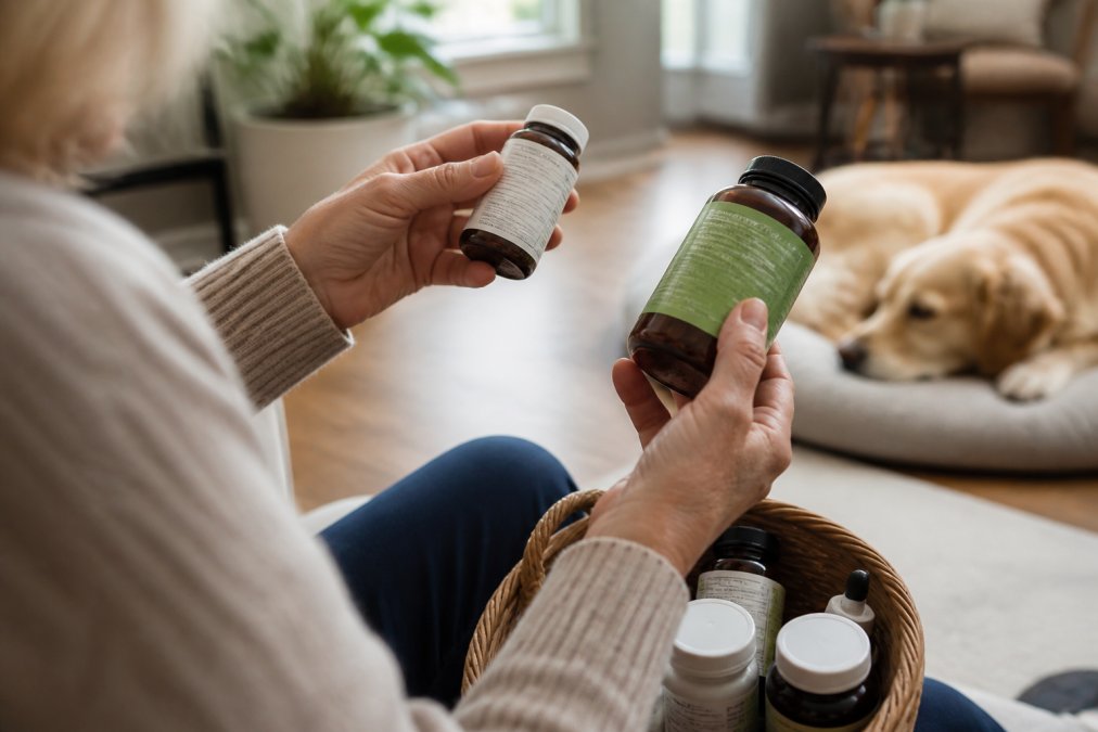 Close-up of a dog owner's hands carefully holding various natural supplement bottles and reading product labels, examining ingredients in natural home lighting