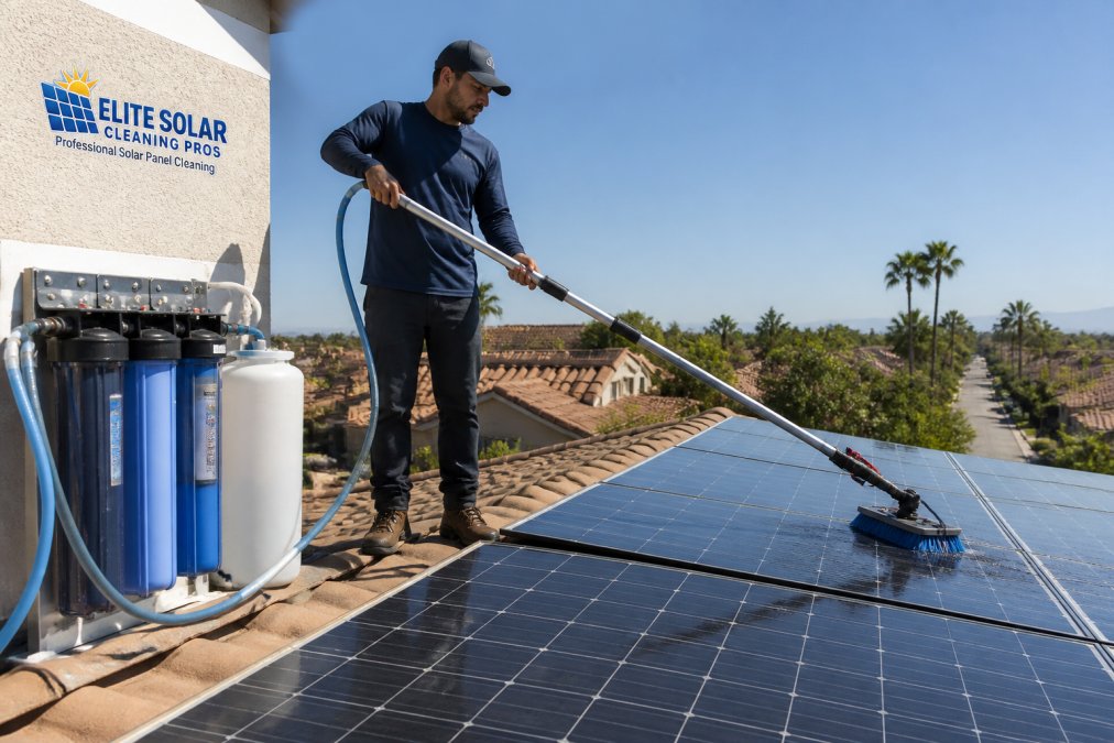 A technician using a water-fed pole with a soft brush to clean rooftop solar panels on a sunny day, with a water filtration system visible nearby