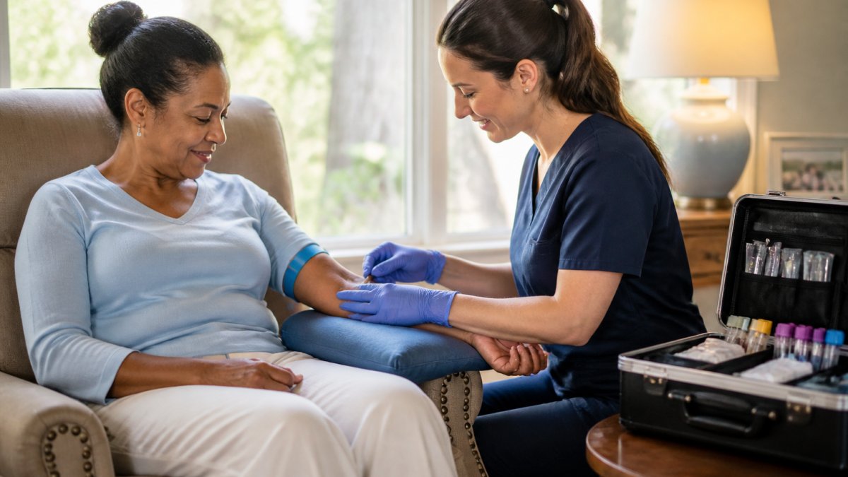 A licensed phlebotomist in scrubs gently drawing blood from a relaxed patient seated in a comfortable armchair at home, with a medical kit open on a side table and soft natural light filling the room