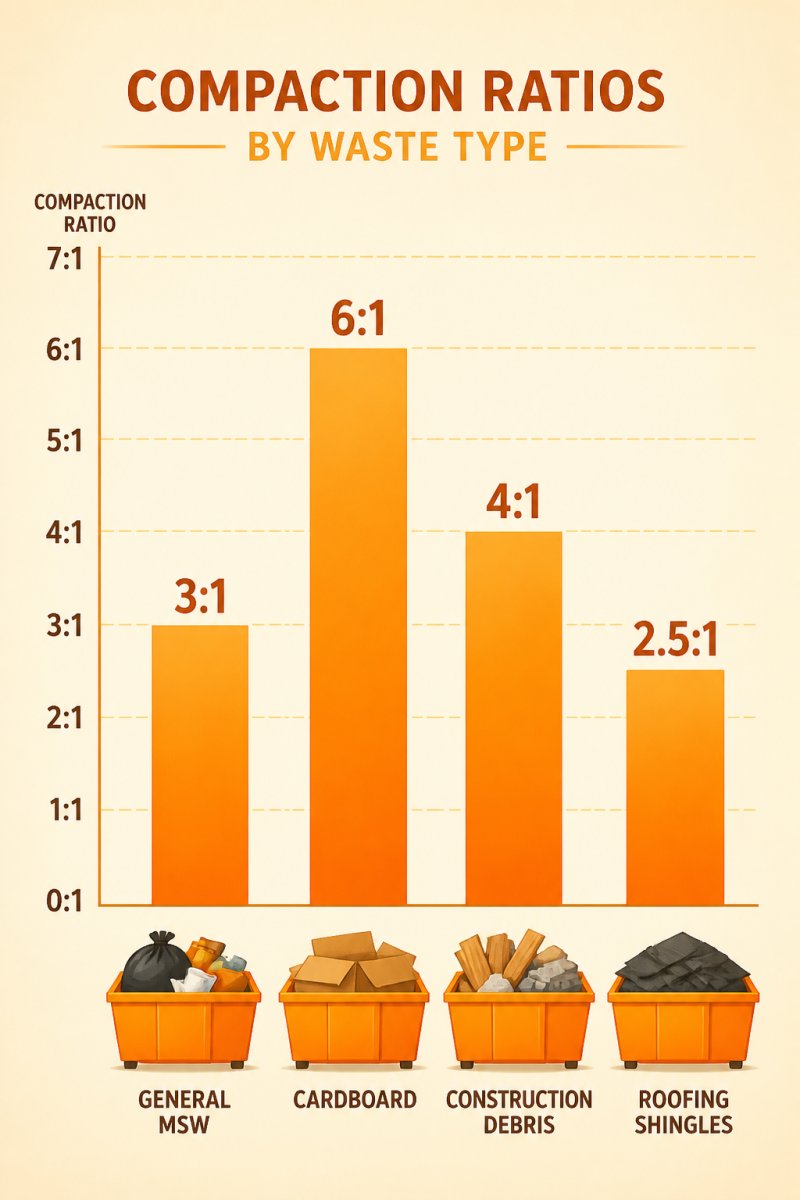 Bar chart showing compaction ratios by waste type: general MSW 3:1, cardboard 6:1, construction debris 4:1, roofing shingles 2.5:1