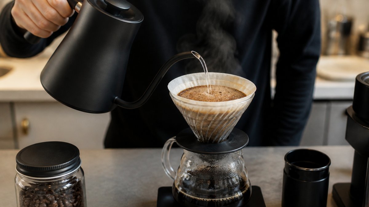 Close-up of hands pouring hot water from a gooseneck kettle over a pour-over dripper with fresh coffee grounds blooming, steam rising, on a clean kitchen counter with a digital scale nearby