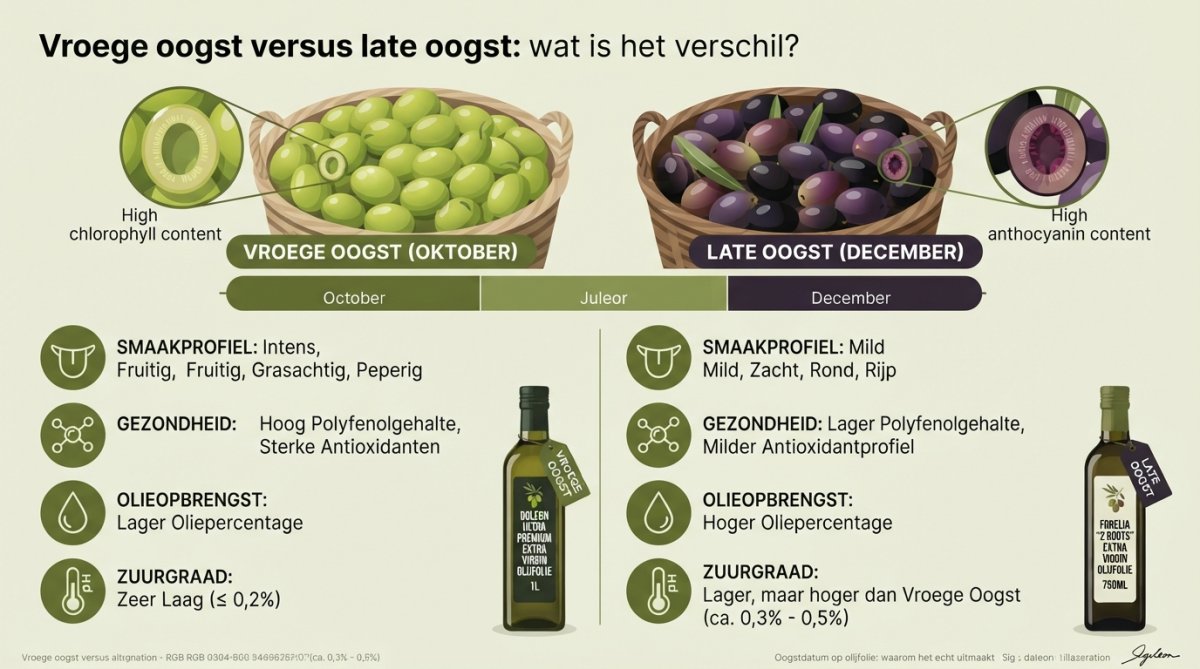 Infographic met het verschil in oogstdatum olijfolie tussen groene en rijpe olijven in manden tijdens het najaar.