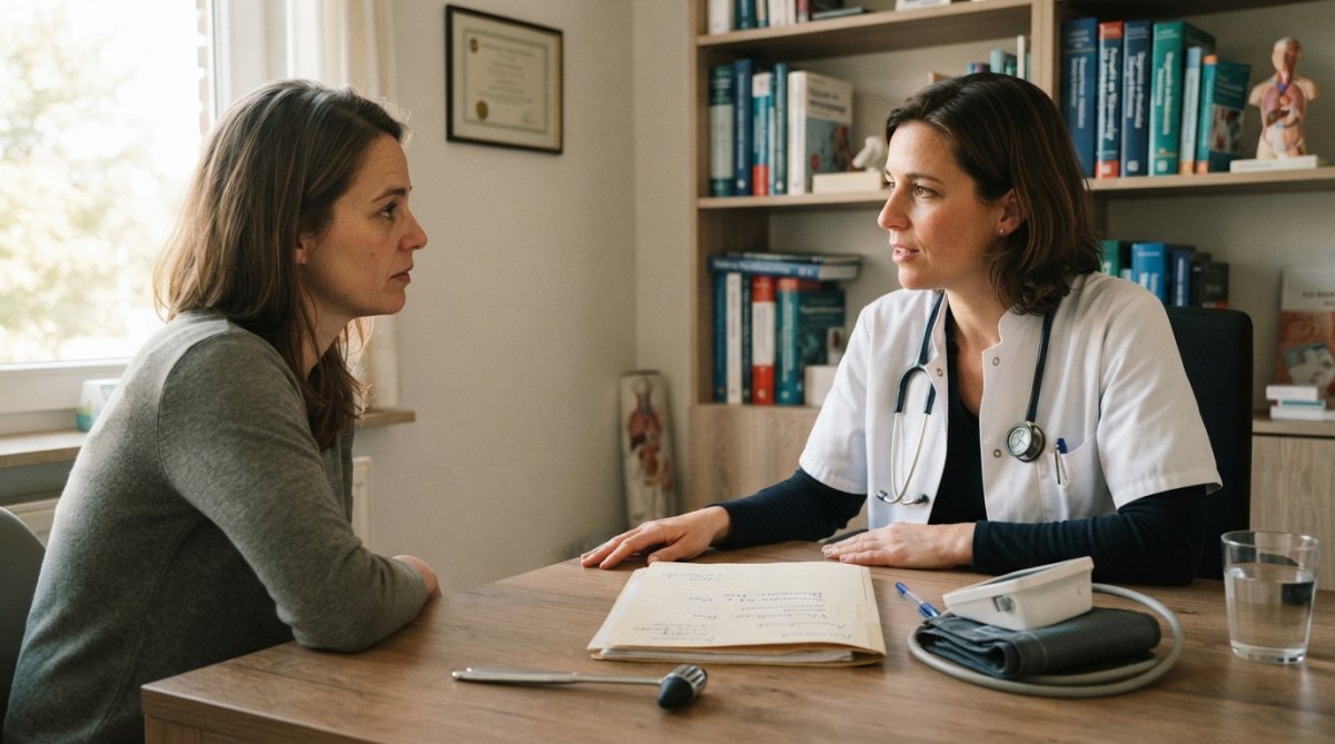 Vrouw in gesprek met een arts over oorzaken aanhoudende vermoeidheid bij vrouwen tijdens een medisch consult in een praktijk.