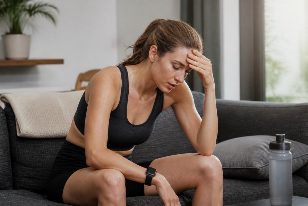 Vrouw zittend op een bank met hand op voorhoofd die extreme vermoeidheid na inspanning ervaart in een huiselijke omgeving.