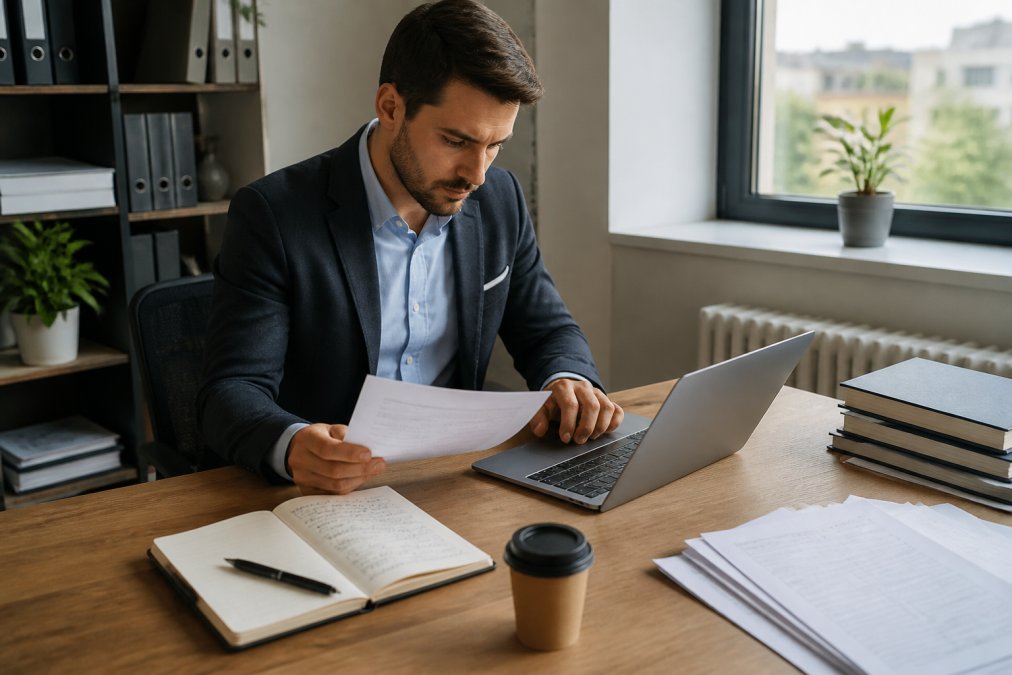 Professional entrepreneur at modern desk reviewing legal documents and typing on laptop, with handwritten notes about account requirements visible on notepad, natural office lighting from window