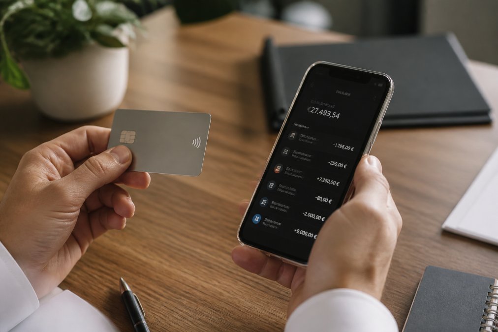Close-up of hands holding a physical business debit card and smartphone displaying a digital banking app interface with account balance and transaction history visible, modern minimalist aesthetic