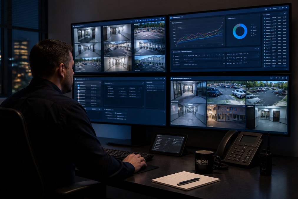 Security director monitoring live video feeds and open architecture security dashboards in a night operations center