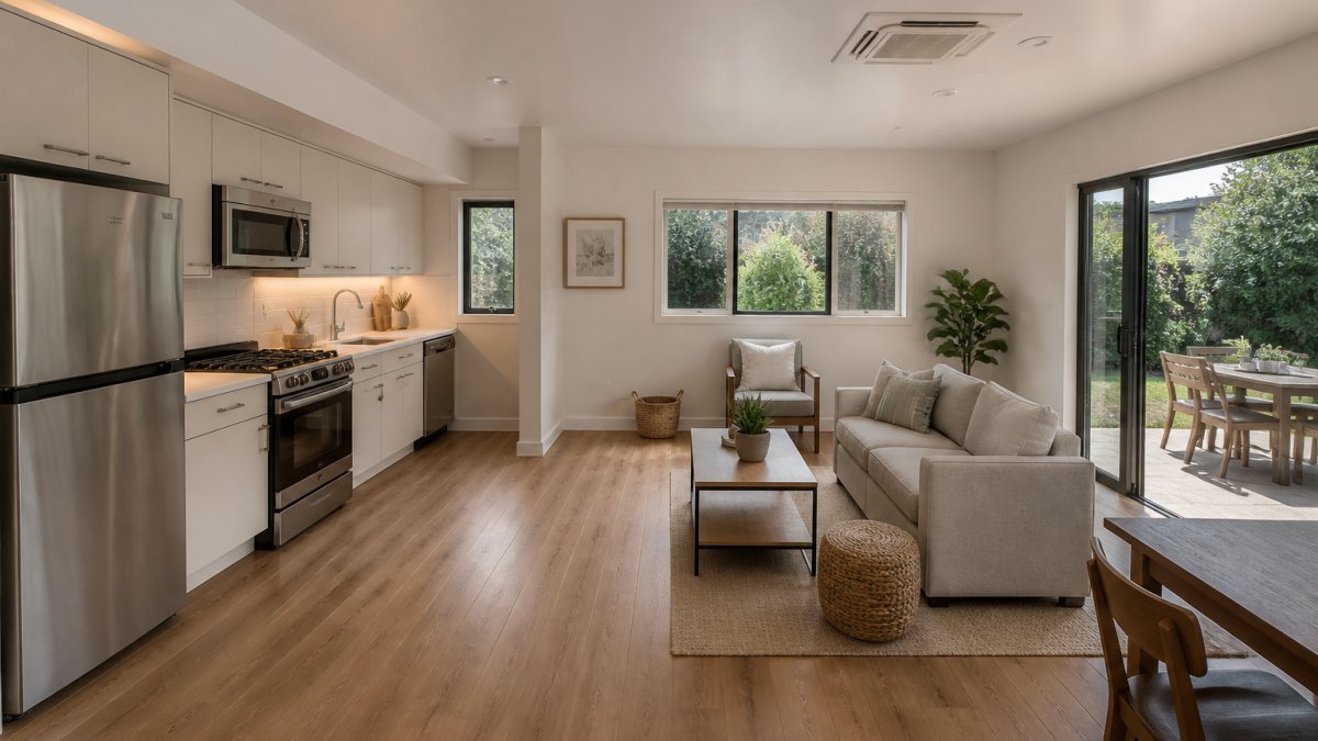 Modern open-concept ADU interior showing an efficient kitchen along one wall with stainless steel appliances, open living area with natural light from large windows, minimal visual barriers between zones, and warm wood flooring
