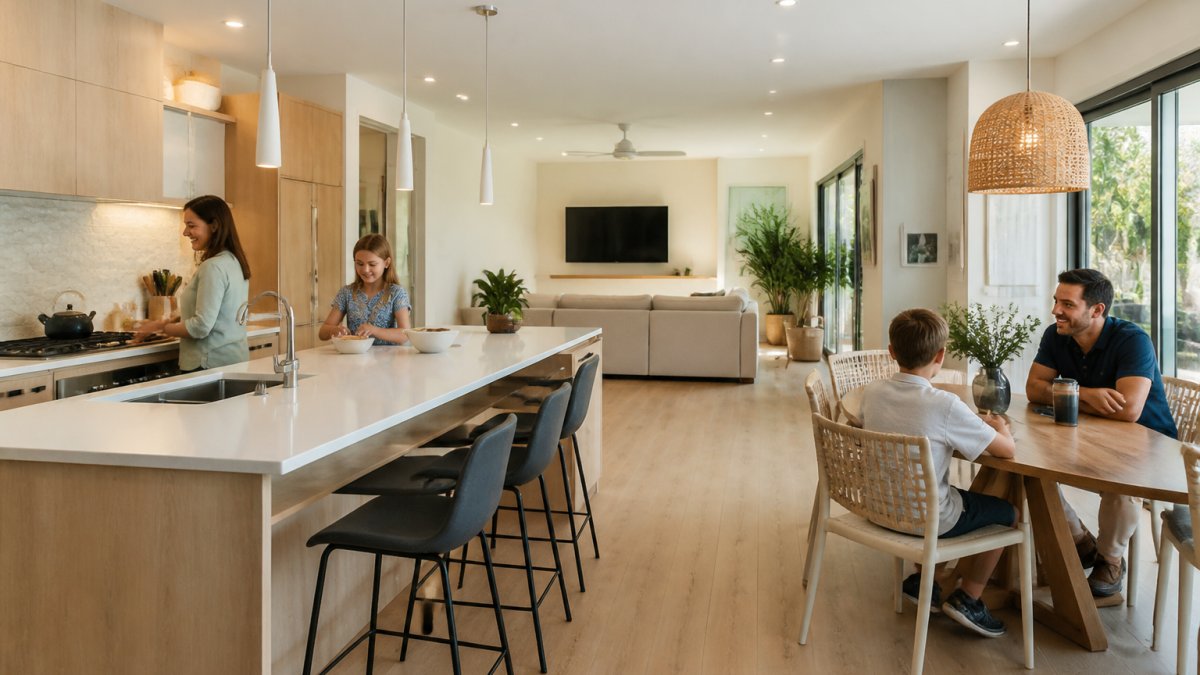 Bright, modern open-concept kitchen with light wood cabinetry flowing seamlessly into a dining area and living room beyond, family members visible at different stations, large windows flooding the space with natural light, clear sightlines between all zones