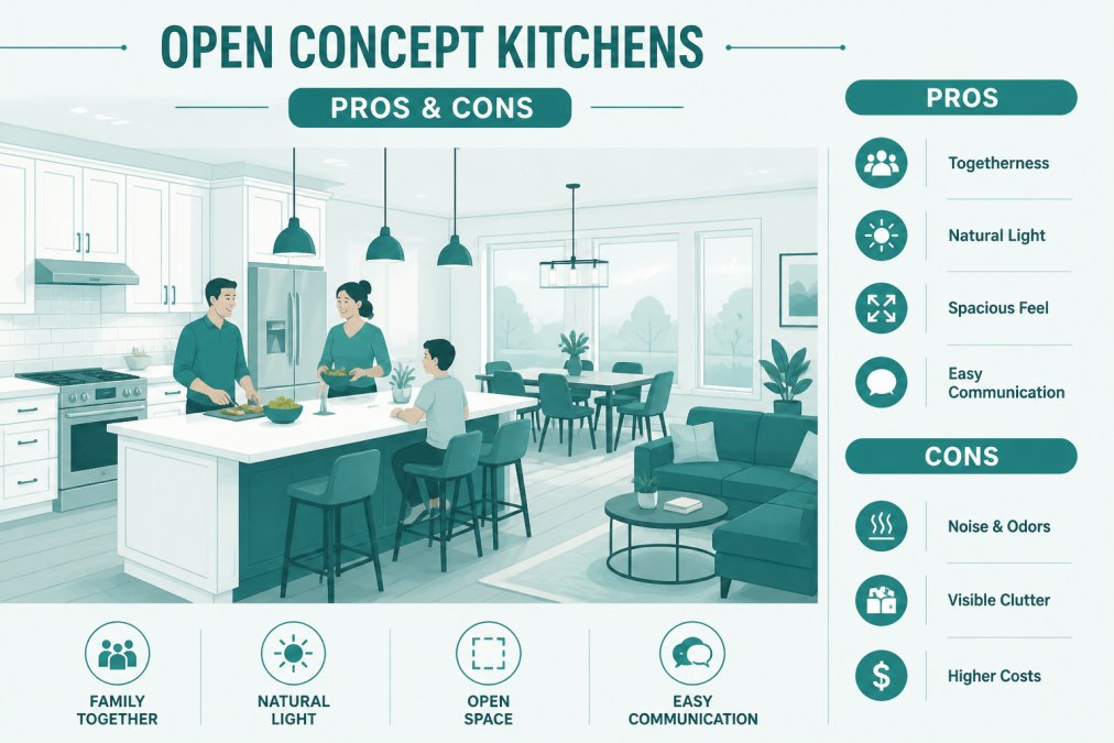 Bright, modern open concept kitchen with white inset cabinetry, large island with seating, family gathered around cooking and talking together, natural light streaming through windows, connected to dining and living areas