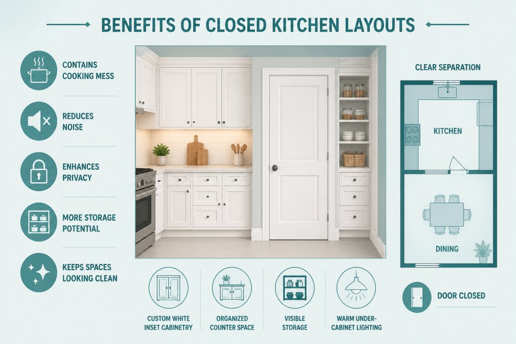 Traditional closed kitchen with custom white inset cabinetry, organized counter space with visible storage, door closed, showing clear separation from dining area, warm lighting from under-cabinet fixtures