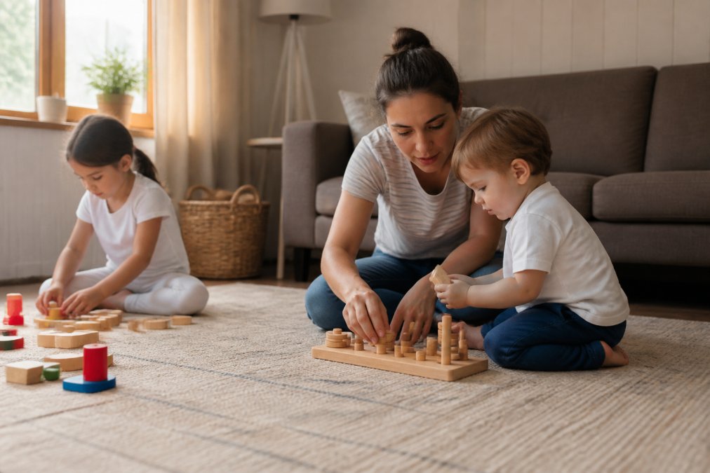 Parent guiding a toddler in wooden toy assembly while another child plays with blocks to show structured play benefits