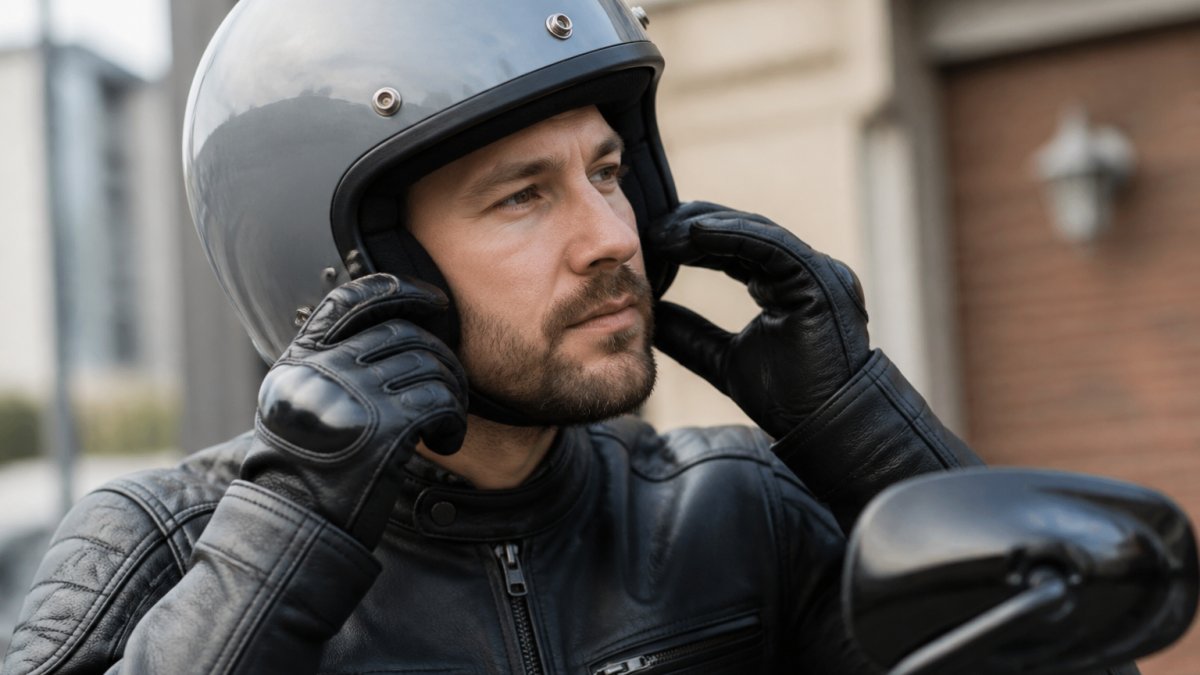 Close-up of a rider adjusting an open face helmet on their head, checking the fit at the cheeks and jaw, showing proper helmet positioning