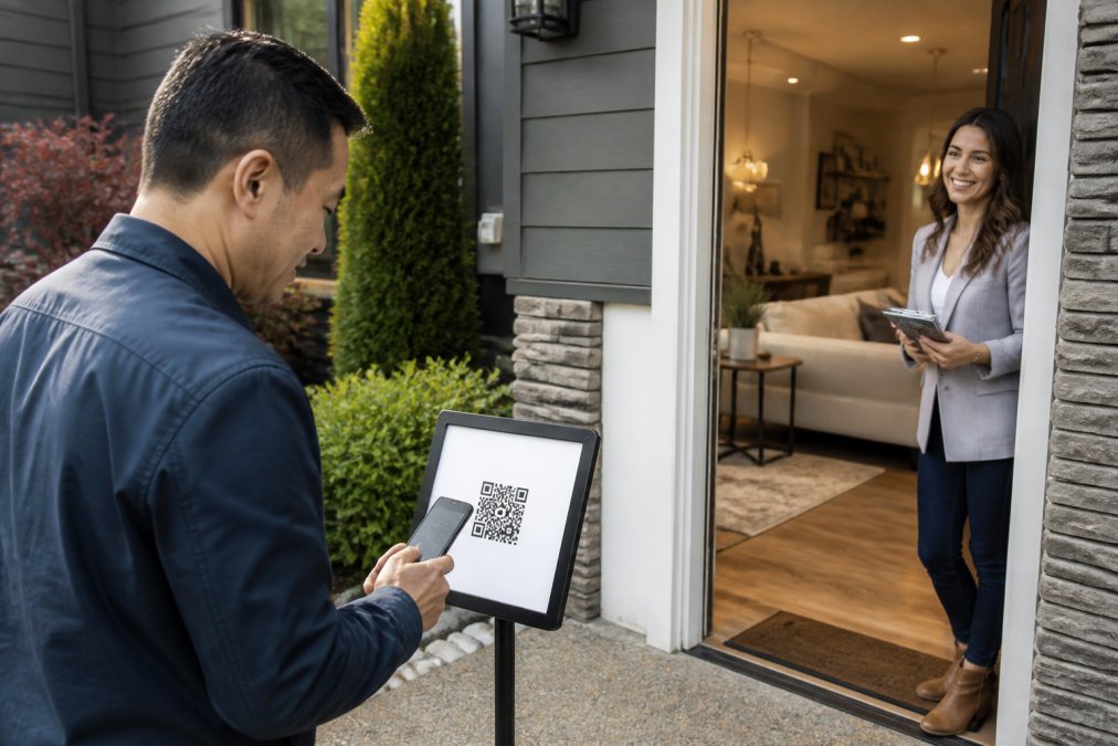 A real estate agent holding a smartphone at an open house front door, smiling as a visitor scans a QR code on a printed sign, with a bright home interior visible behind them