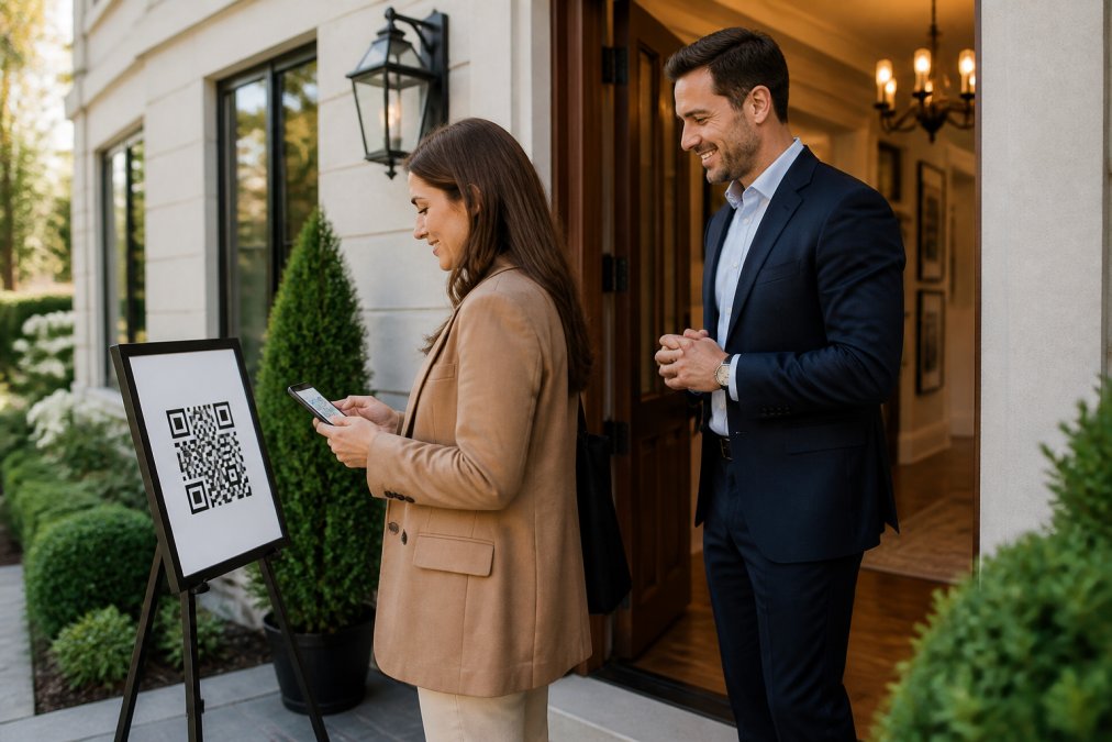 Real estate agent greeting a visitor at a luxury listings open house with a digital QR code sign-in sheet