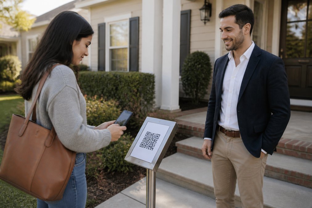Real estate agent and visitor using an open house app via a QR code sign at a suburban home entrance