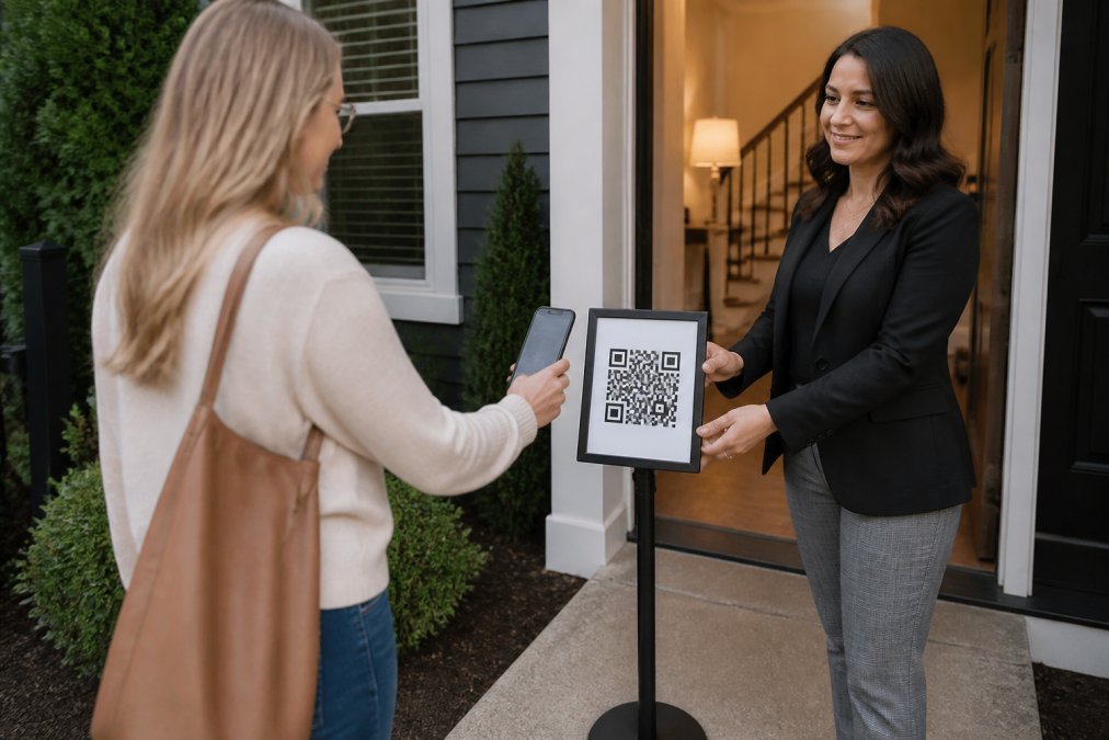 Process diagram showing visitors scanning a QR code for open house app security and automated identity verification.