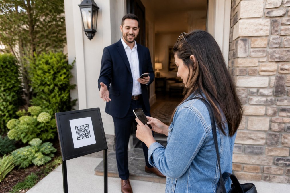 Real estate agent greeting a visitor using an open house app QR code at the entrance of a staged home