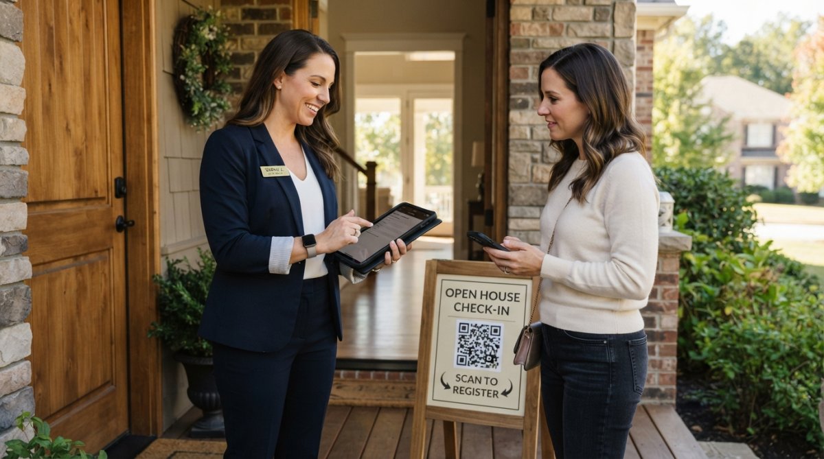 Real estate agent holding tablet at open house property entrance, scanning QR code sign with visitor, professional attire, natural outdoor lighting