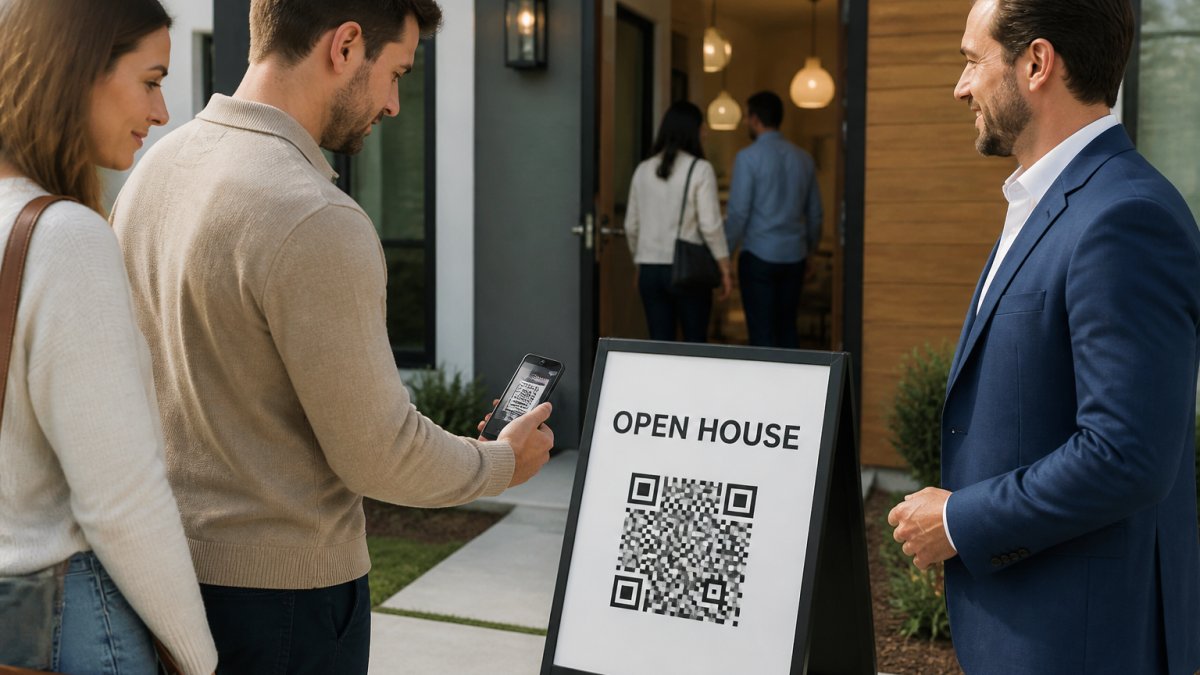 Diagram illustrating the QR code scanning process for collecting verified visitor data during open house follow-up.